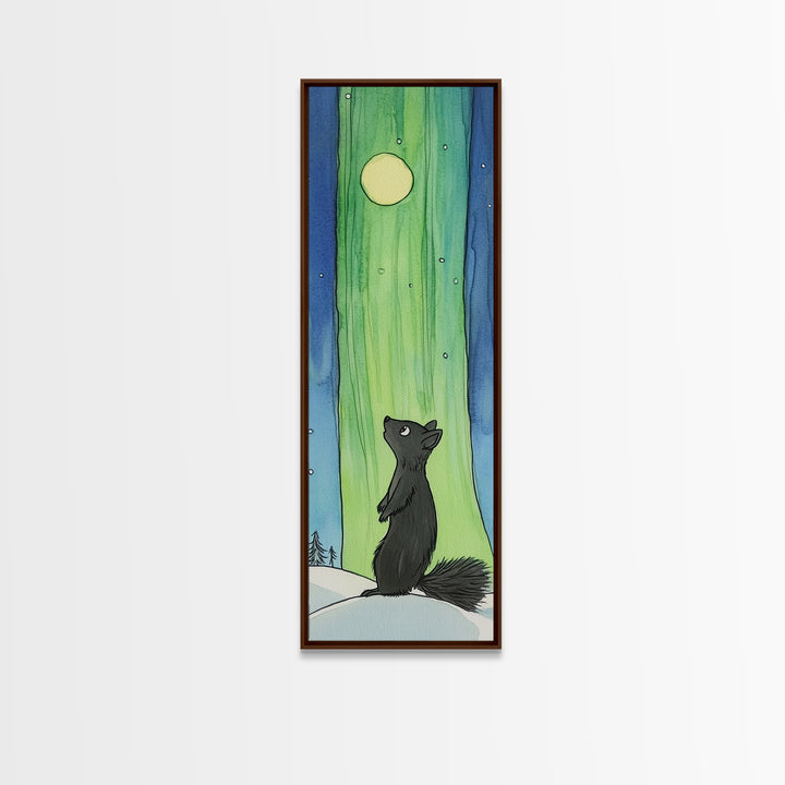 Black Squirrel Aurora Moon Canvas Print, Whimsical Animal Wall Art, Nursery Decor, Kids Room Art, Celestial Wall Decor Gift