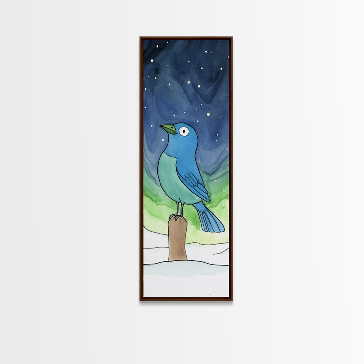 Whimsical Blue Bird In Starry Snow Canvas Print, Winter Nursery Wall Art, Kids Room Decor, Cute Animal Art, Bird Lover Gift