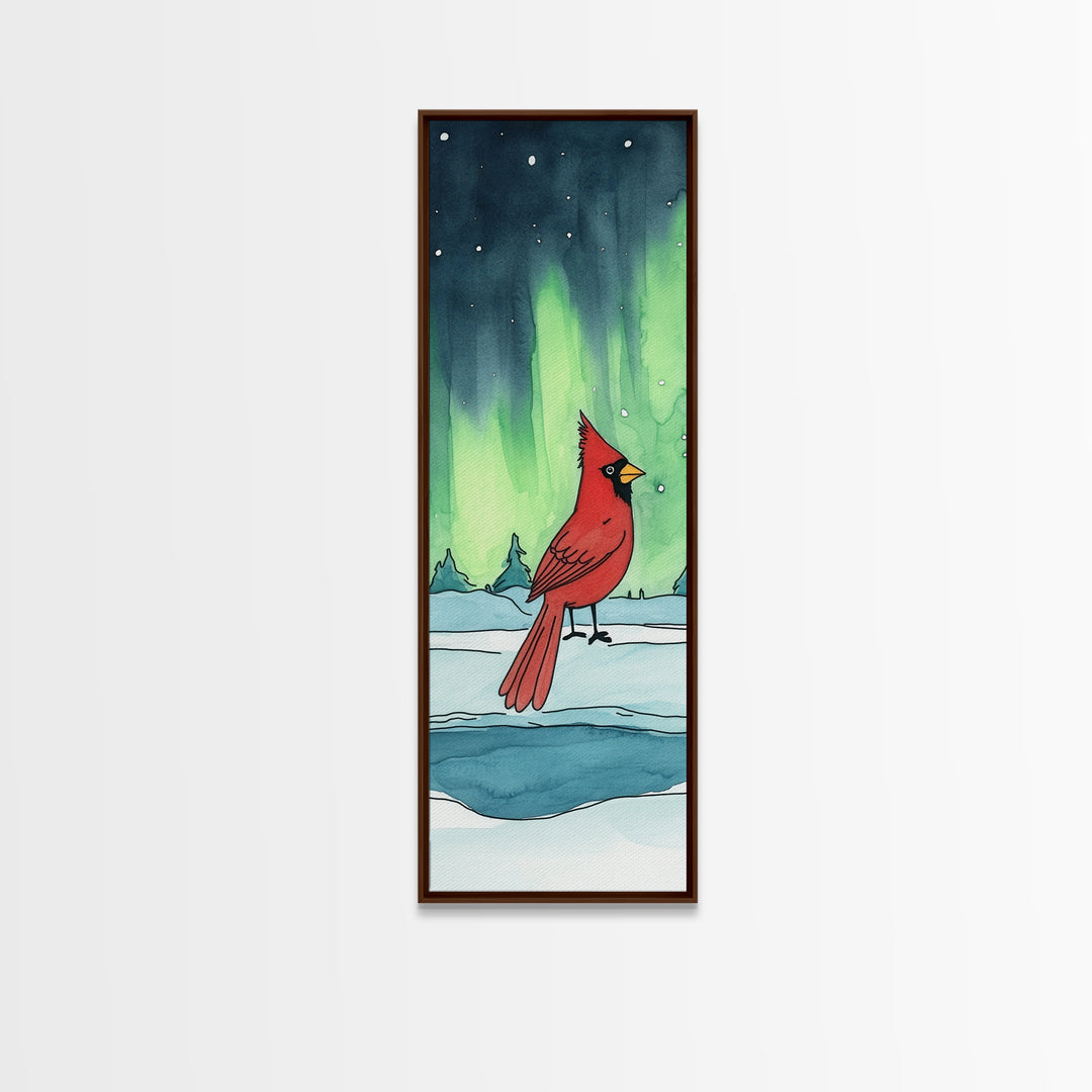 Red Cardinal In Snowy Aurora Landscape Framed Canvas Print, Winter Bird Wall Art, Nature Wall Decor, Christmas Gift, Living Room Art