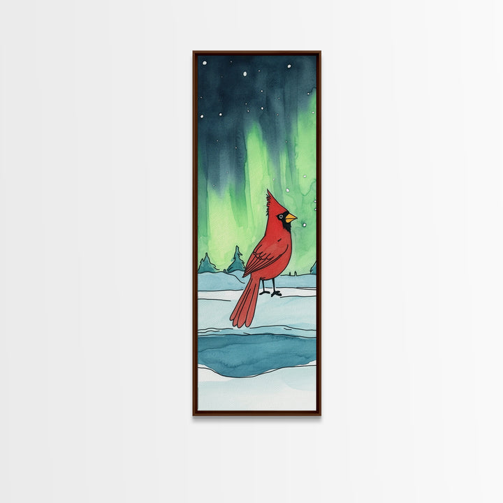 Red Cardinal In Snowy Aurora Landscape Framed Canvas Print, Winter Bird Wall Art, Nature Wall Decor, Christmas Gift, Living Room Art