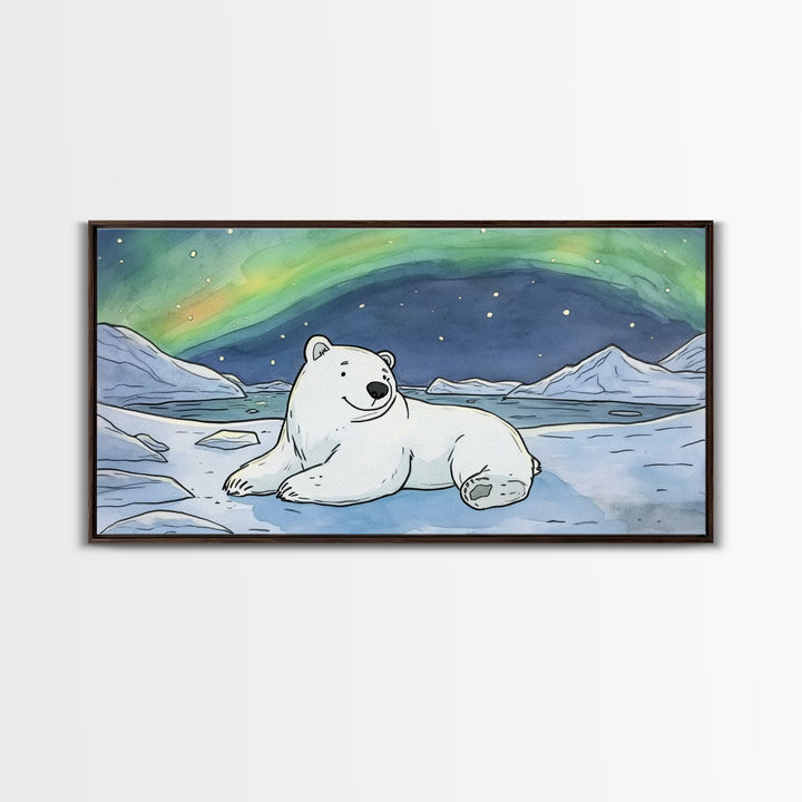 Polar Bear Under Northern Lights Wall Art, Arctic Animal Canvas Print, Nursery Decor, Wildlife Print, Winter Home Decor Gift