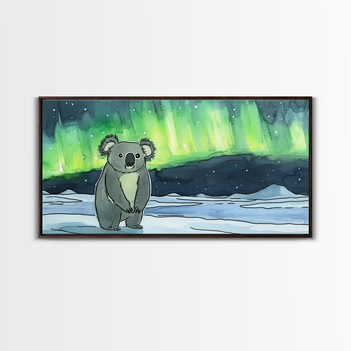 Koala Under Northern Lights Wall Art, Whimsical Animal Canvas Print, Aurora Nursery Decor, Kids Room Art, Unique Gift For Her