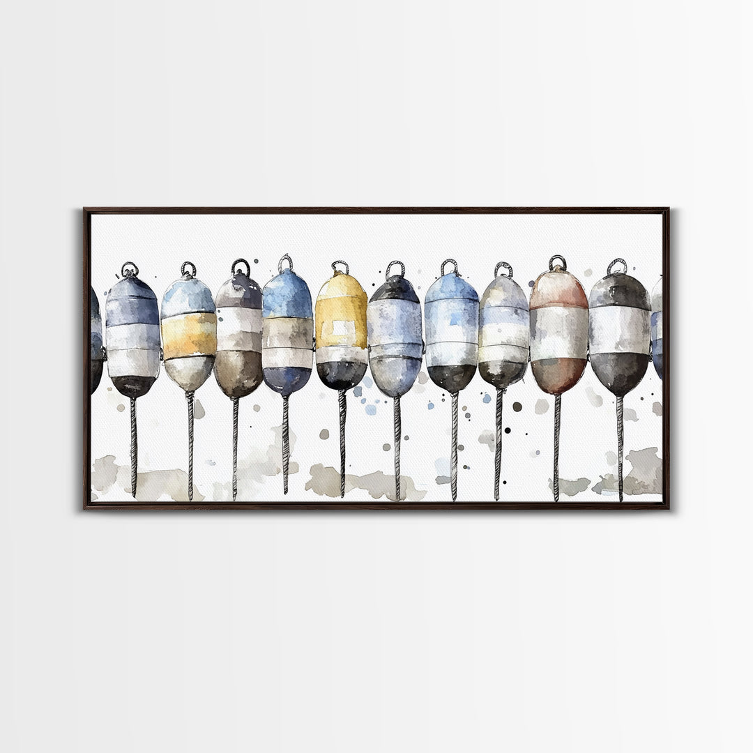 Striped Fishing Buoys Wall Art, Nautical Canvas Print, Coastal Bathroom Decor, Beach House Art, Ocean Wall Decor Gift Print