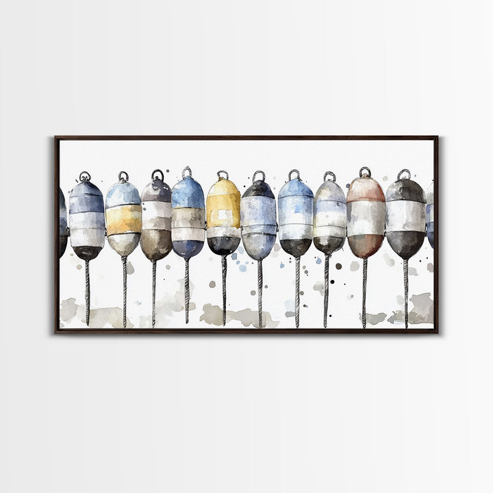 Striped Fishing Buoys Wall Art, Nautical Canvas Print, Coastal Bathroom Decor, Beach House Art, Ocean Wall Decor Gift Print