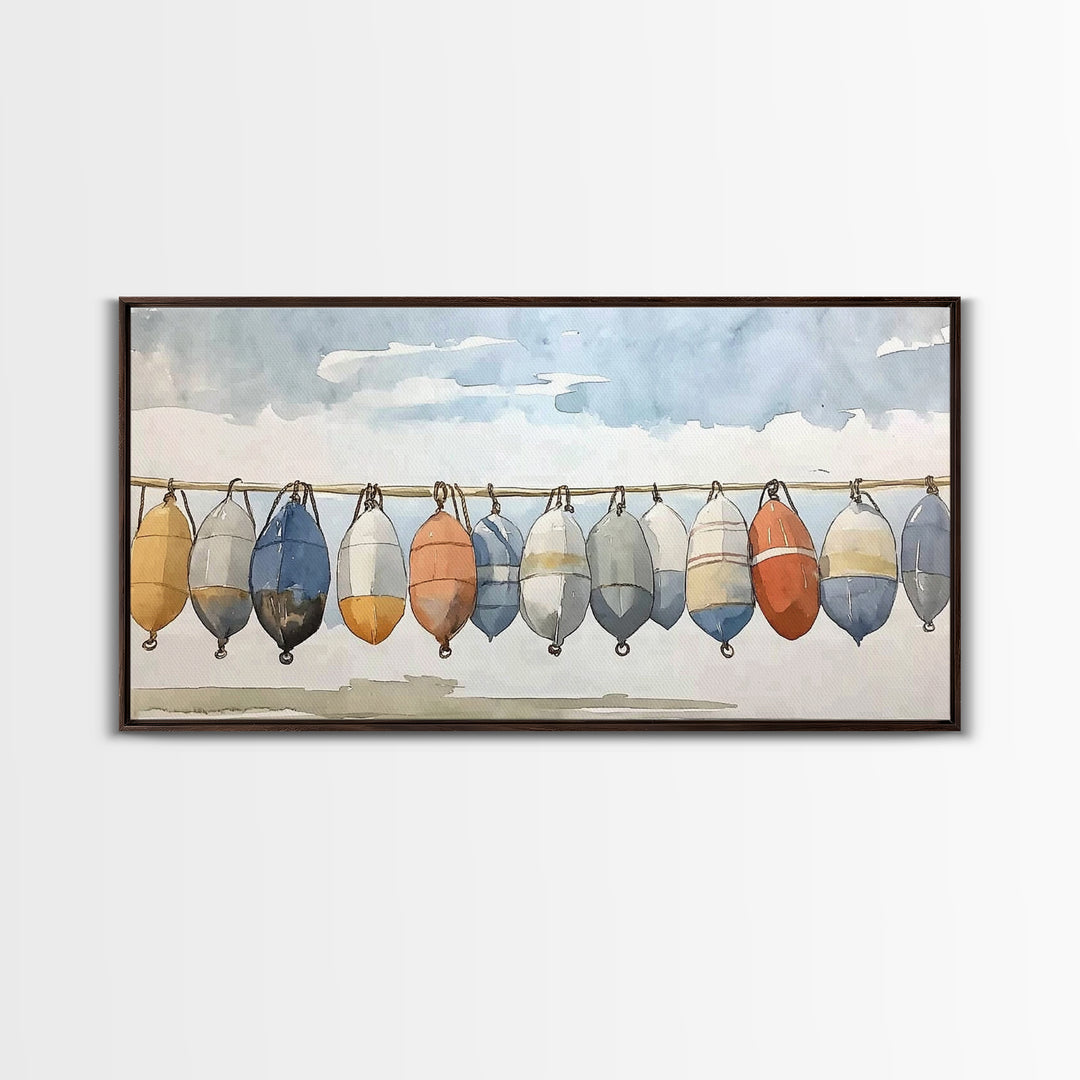 Hanging Coastal Buoys Canvas Print, Nautical Wall Art, Beach House Decor, Ocean Print, Bathroom Wall Decor, Gift For Her