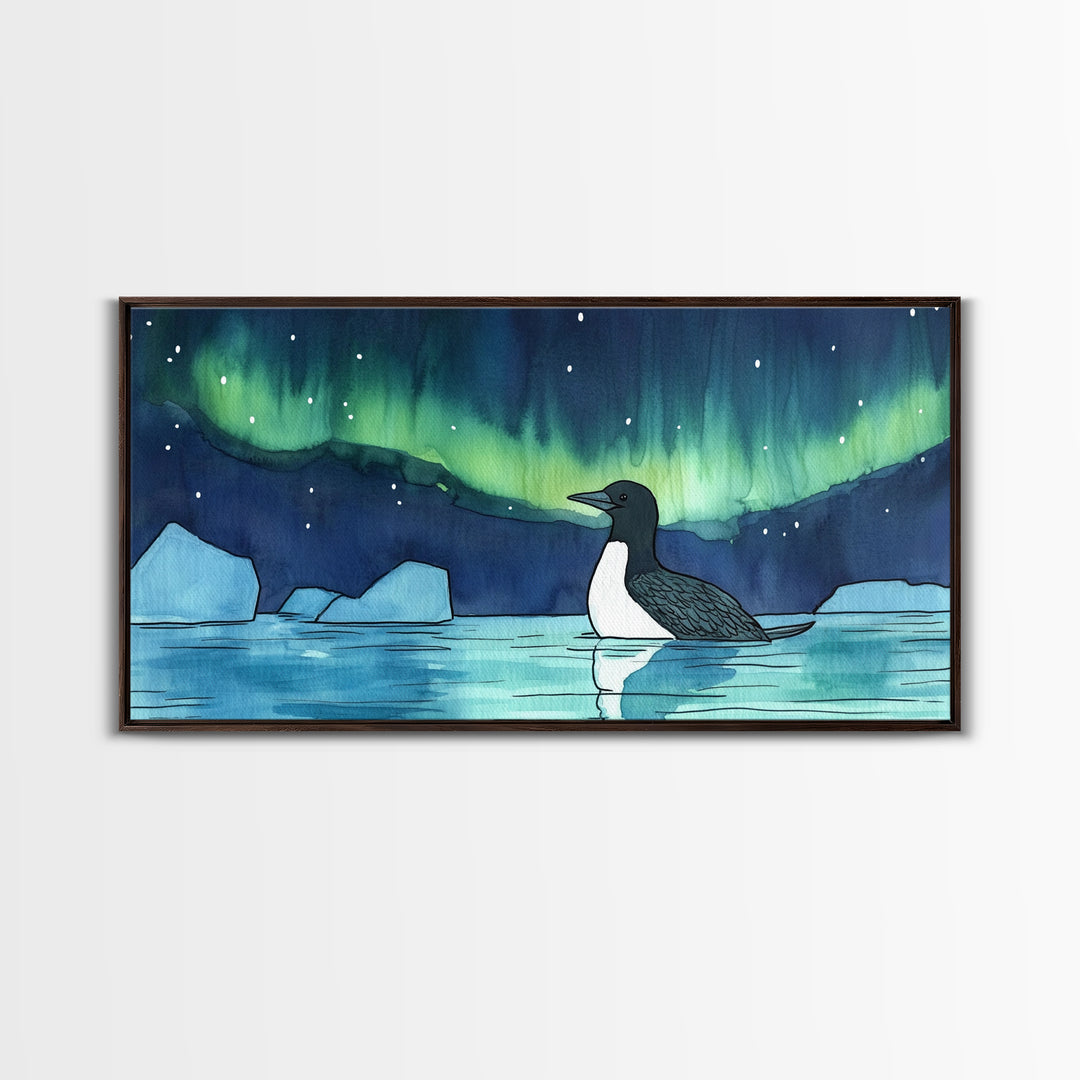 Loon Under Northern Lights Wall Art, Arctic Lake Canvas Print, Wildlife Bird Print, Coastal Nature Decor, Gift For Her, Home Decor
