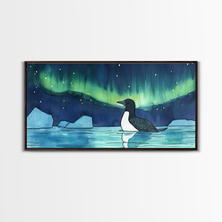Loon Under Northern Lights Wall Art, Arctic Lake Canvas Print, Wildlife Bird Print, Coastal Nature Decor, Gift For Her, Home Decor