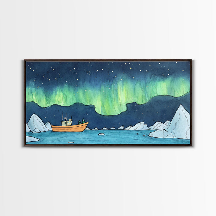 Northern Lights Boat And Iceberg Wall Art, Arctic Seascape Canvas Print, Aurora Borealis Travel Poster, Nautical Decor Gift