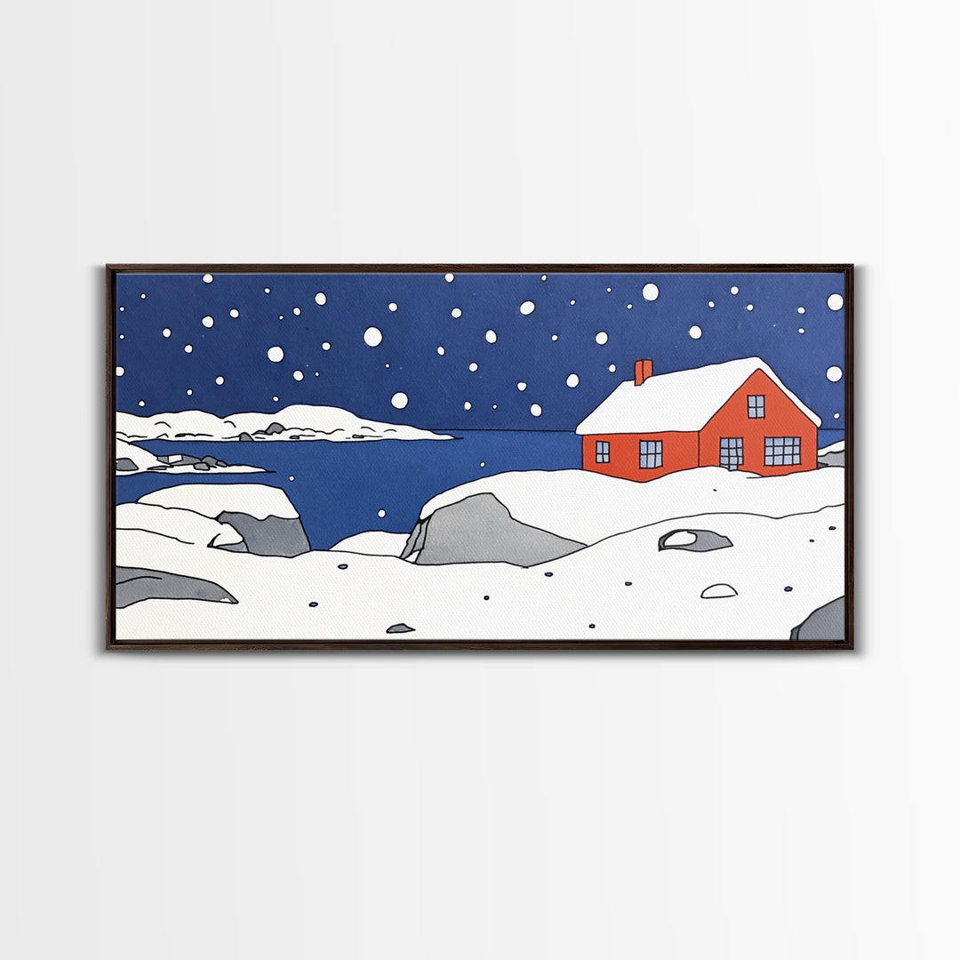 Red House On Snowy Coastal Hill Wall Art, Winter Lake Landscape Canvas Print, Scandinavian Decor, Rustic Housewarming Gift