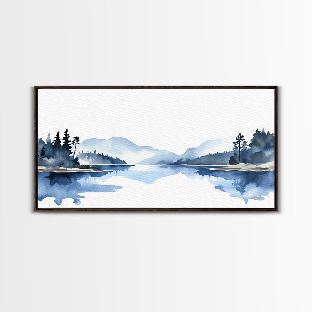 Minimal Blue Mountain Lake Wall Art, Watercolor Landscape Canvas Print, Scandinavian Nature Decor, Calm Living Room Wall Art