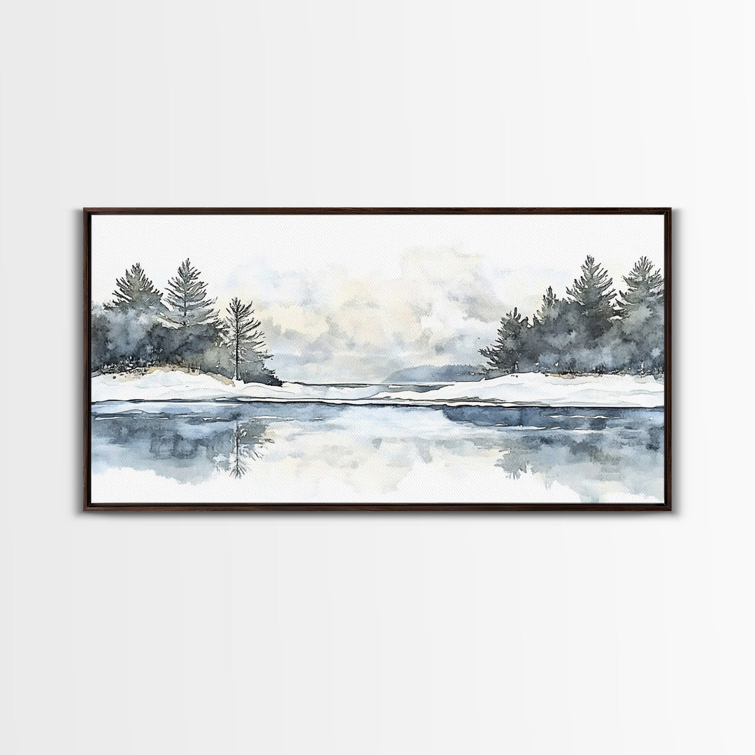 Winter Pine River Reflection Wall Art, Blue Watercolor Landscape Canvas Print, Serene Nature Living Room Decor, Lake House Gift