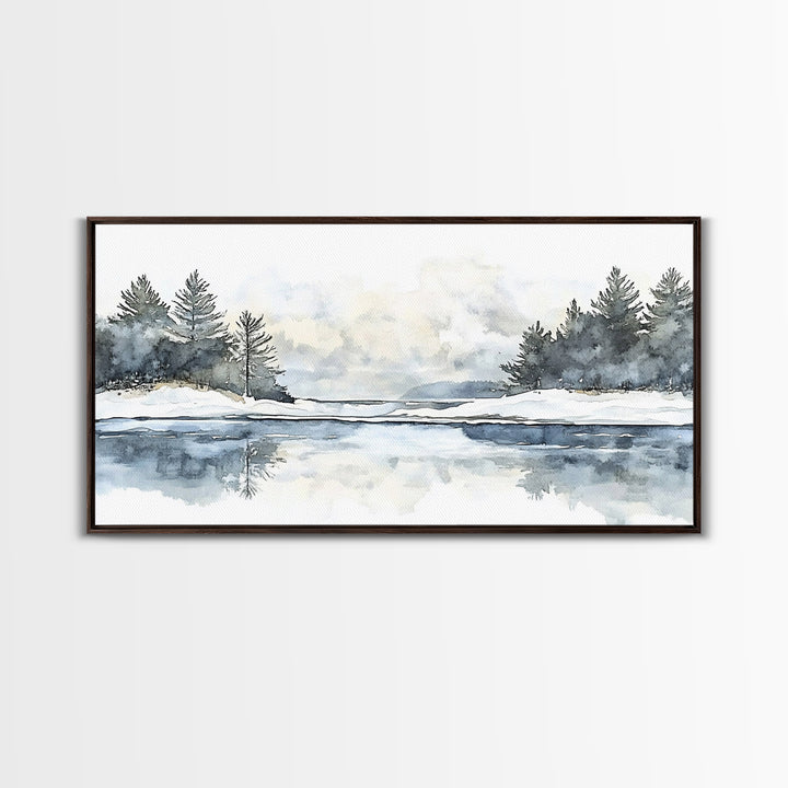 Winter Pine River Reflection Wall Art, Blue Watercolor Landscape Canvas Print, Serene Nature Living Room Decor, Lake House Gift
