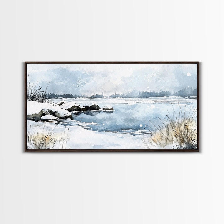 Snowy Marsh Lake With Rocks And Grass Wall Art, Winter Watercolor Landscape Canvas Print, Neutral Nature Decor, Cabin Gift