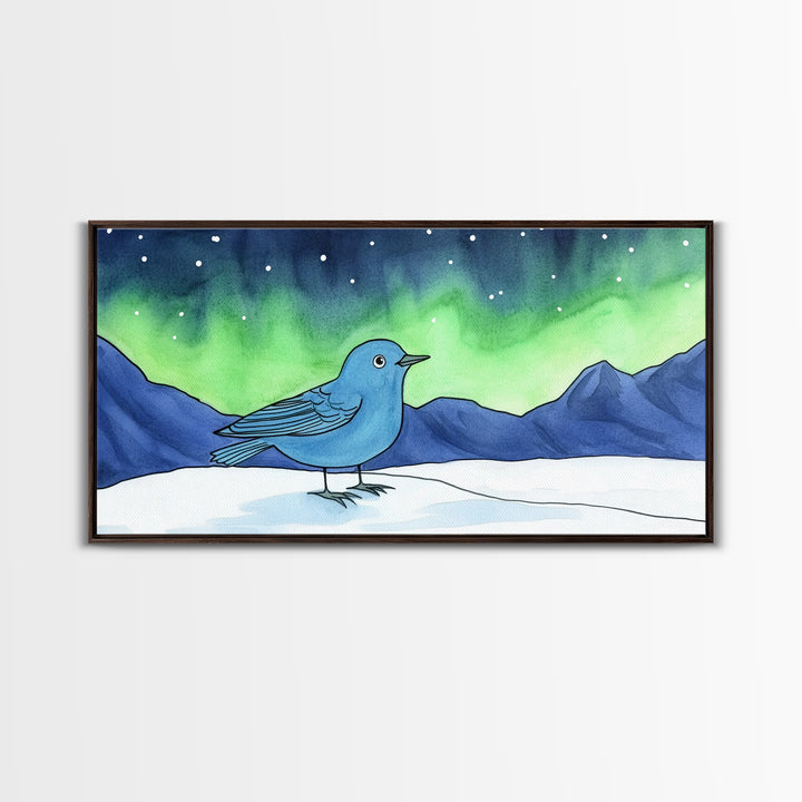Blue Bird Under Northern Lights Canvas Print, Aurora Mountain Landscape Wall Decor For Nursery, Kids Room, Winter Home Decor