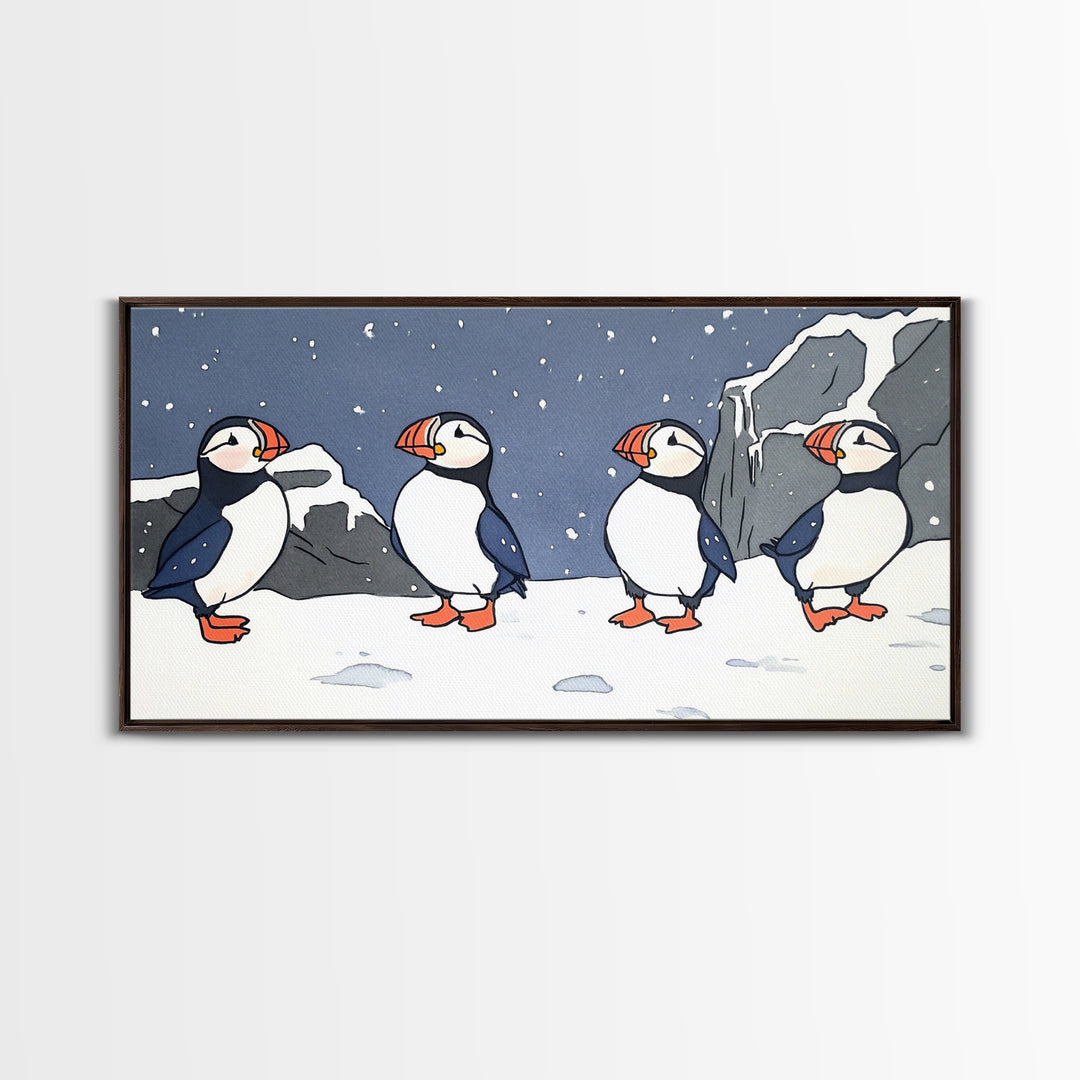 Four Puffins In Snowy Arctic Landscape Canvas Print, Whimsical Animal Wall Art For Kids Room, Nursery, Coastal Winter Decor