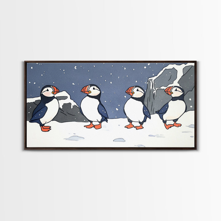 Four Puffins In Snowy Arctic Landscape Canvas Print, Whimsical Animal Wall Art For Kids Room, Nursery, Coastal Winter Decor