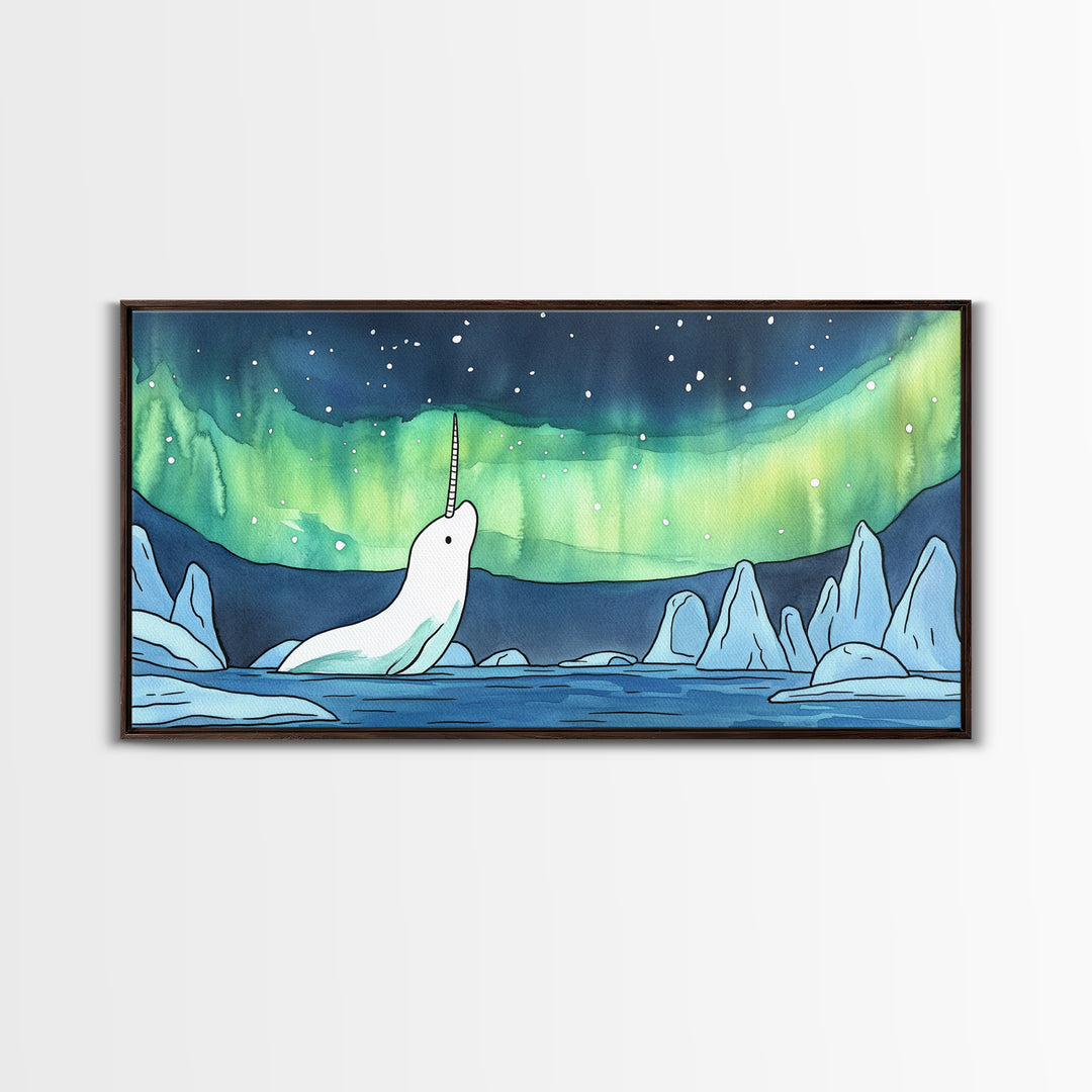 White Narwhal Under Northern Lights Canvas Print, Arctic Ocean Wall Art For Nursery, Kids Room, Coastal Decor, Fantasy Gift