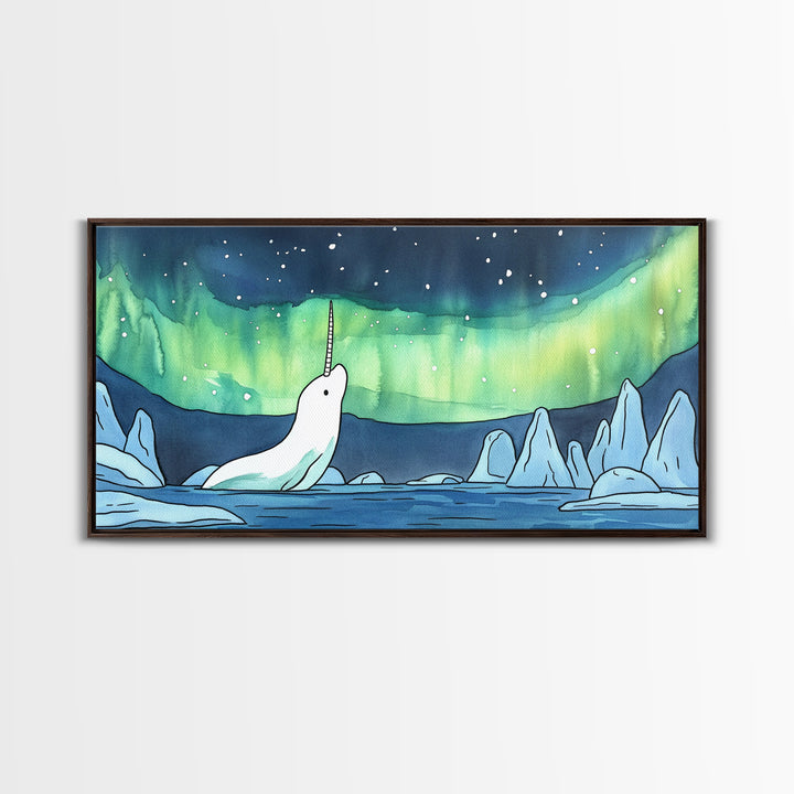 White Narwhal Under Northern Lights Canvas Print, Arctic Ocean Wall Art For Nursery, Kids Room, Coastal Decor, Fantasy Gift