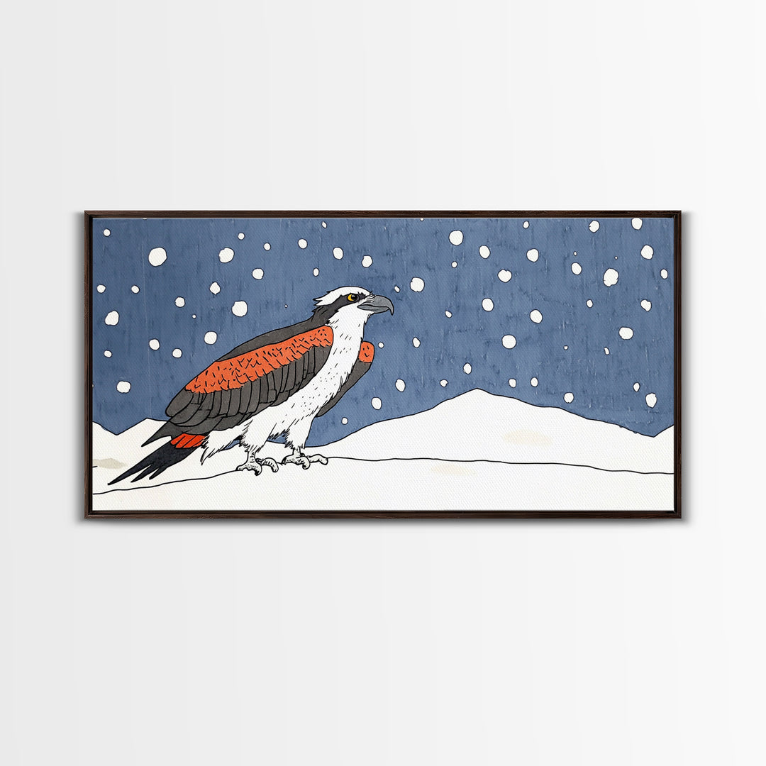 Snowy Osprey Hawk In Winter Landscape Wall Art, Bird Lover Gift, Rustic Wildlife Print, Cabin Decor Canvas Art, Nature Wall Decor