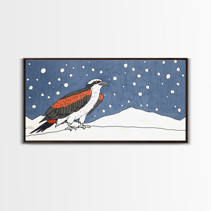 Snowy Osprey Hawk In Winter Landscape Wall Art, Bird Lover Gift, Rustic Wildlife Print, Cabin Decor Canvas Art, Nature Wall Decor