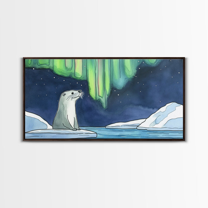 Arctic Seal Under Northern Lights Wall Art, Aurora Ocean Animal Print, Whimsical Nursery Decor, Coastal Canvas Print, Housewarming Gift