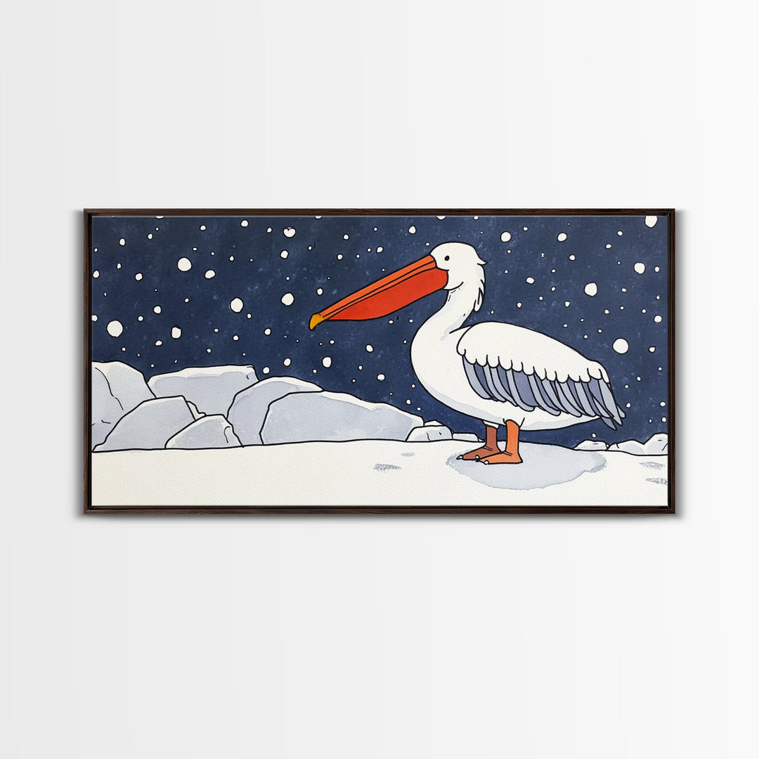 Snowy White Pelican On Ice Framed Canvas Print, Arctic Bird Wall Decor, Coastal Wall Art, Nursery Art, Gift For Her, Kids Room Decor