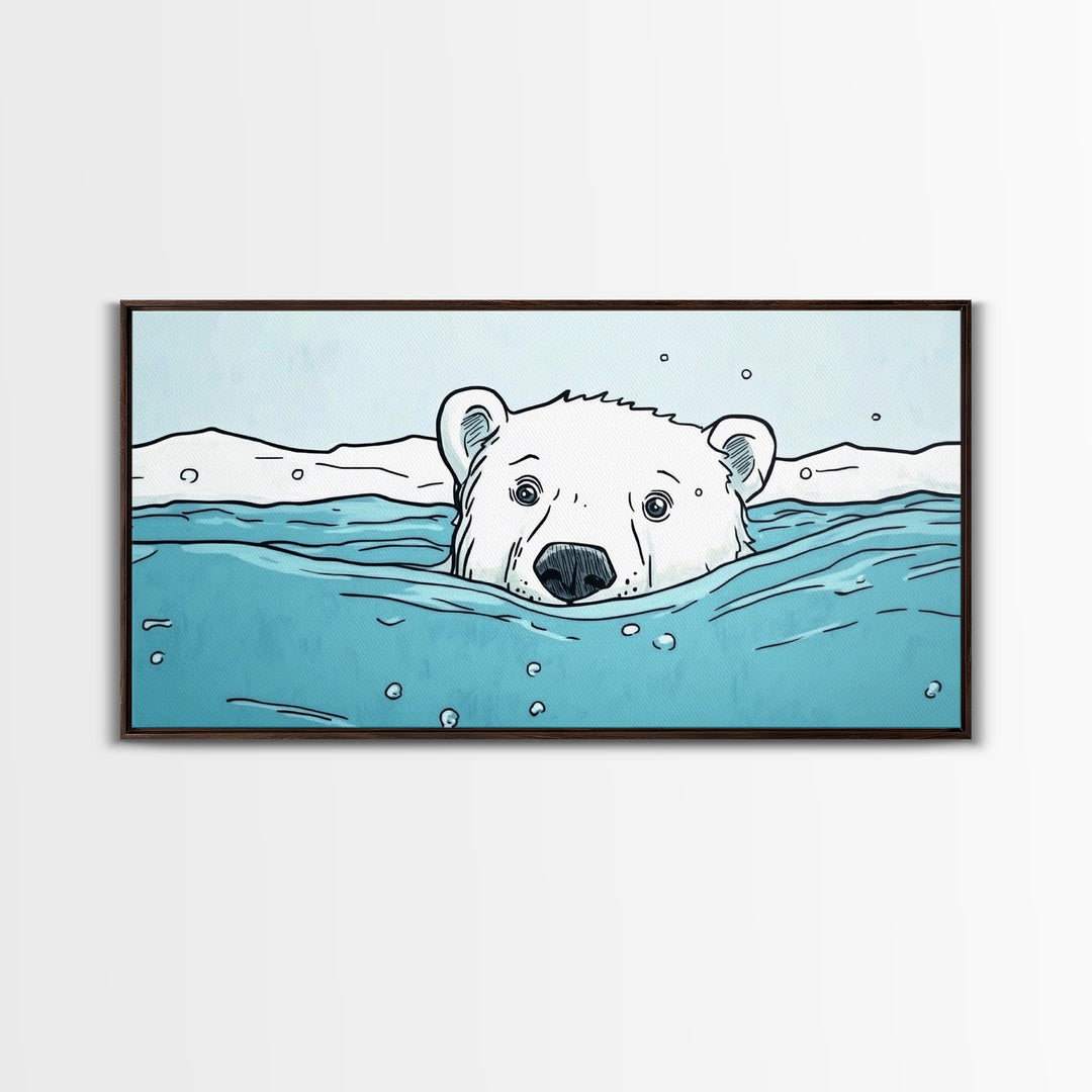 Polar Bear Swimming In Icy Water Wall Art, Arctic Animal Print, Nursery Wall Art, Kids Room Decor, Coastal Canvas Print Gift