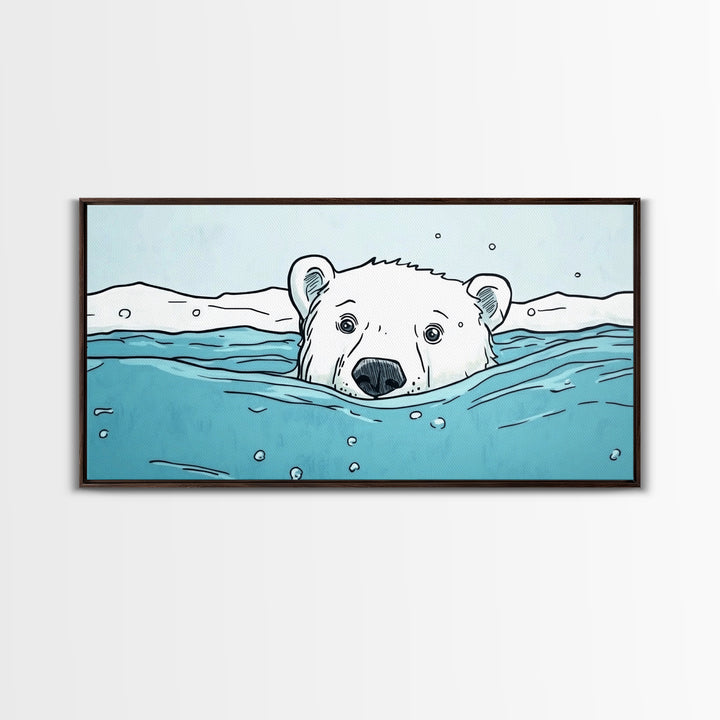 Polar Bear Swimming In Icy Water Wall Art, Arctic Animal Print, Nursery Wall Art, Kids Room Decor, Coastal Canvas Print Gift