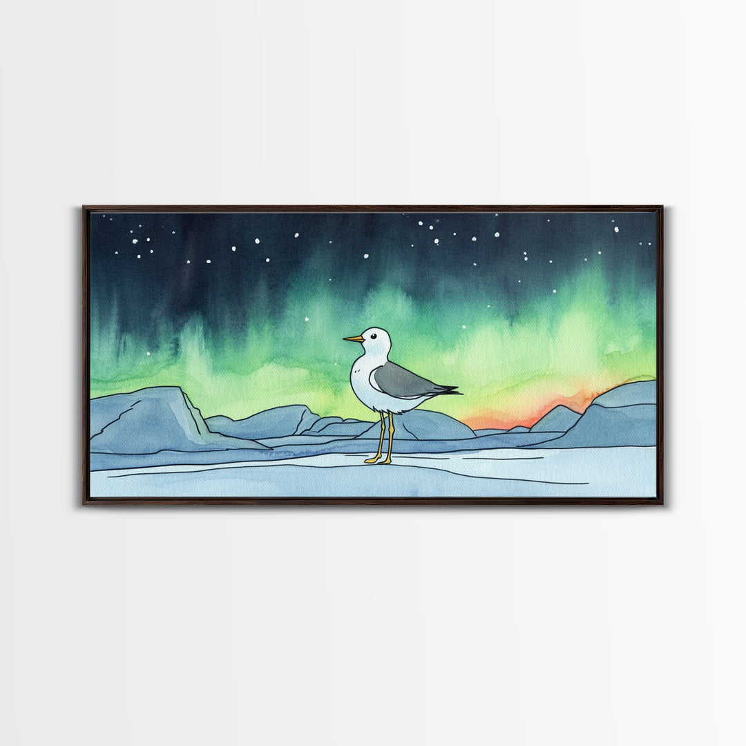 Arctic Seagull Under Aurora Sky Wall Art, Northern Lights Print, Coastal Bird Decor, Nature Wall Art, Framed Canvas Print