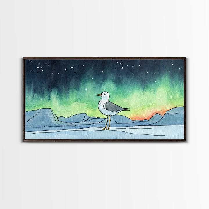 Arctic Seagull Under Aurora Sky Wall Art, Northern Lights Print, Coastal Bird Decor, Nature Wall Art, Framed Canvas Print