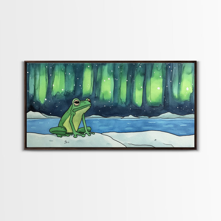 Green Frog Under Northern Lights Wall Art, Whimsical Animal Art Print, Aurora Borealis Nursery Decor, Kids Room Housewarming Gift