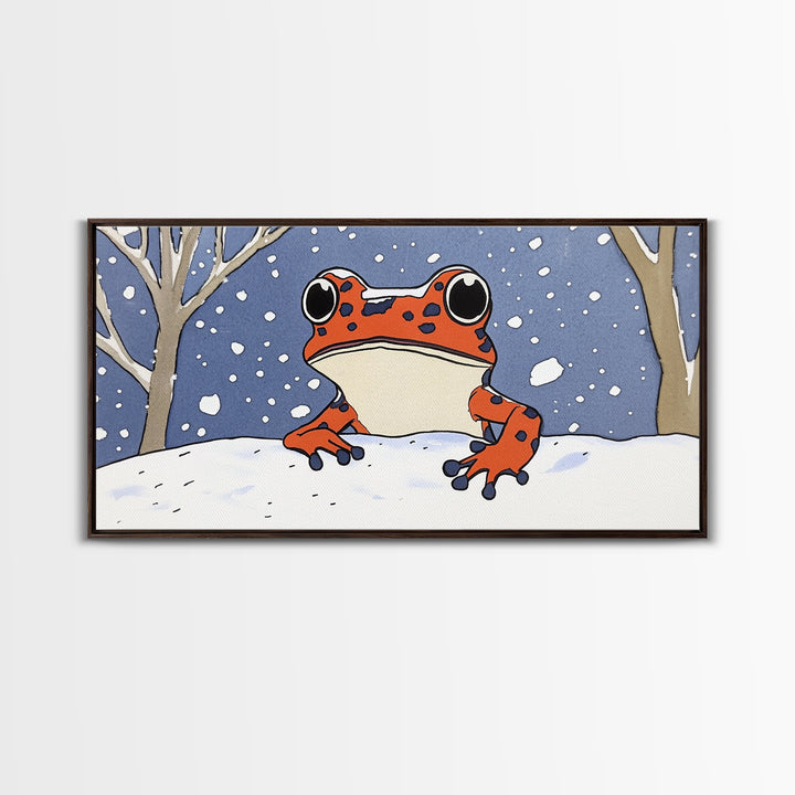 Orange Spotted Frog In Snowy Forest Wall Art, Whimsical Animal Print, Winter Nursery Decor, Cute Kids Room Canvas Art Housewarming Gift