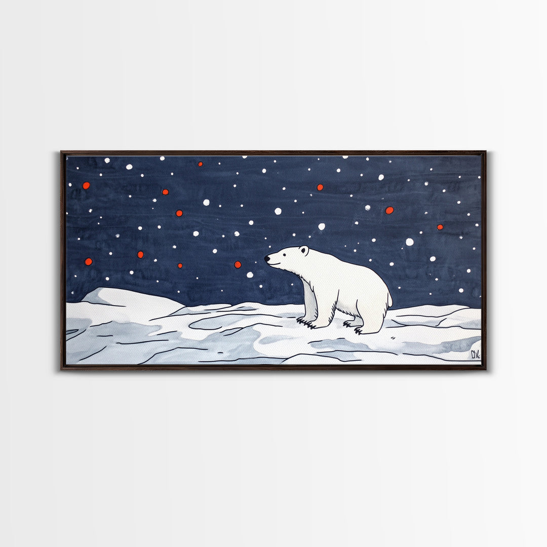 Minimal Polar Bear Snow Scene Wall Art, Arctic Wildlife Illustration, Kids Room Decor, Modern Nursery Canvas Print Gift Idea