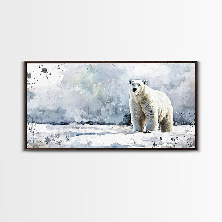 Standing Polar Bear In Snowy Tundra Wall Art, Watercolor Wildlife Print, Arctic Animal Decor, Large Canvas Housewarming Gift