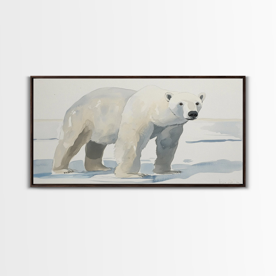 Polar Bear On Arctic Ice Wall Art, Watercolor Wildlife Canvas Print, Coastal Nursery Decor, Animal Lover Gift, Kids Room Art