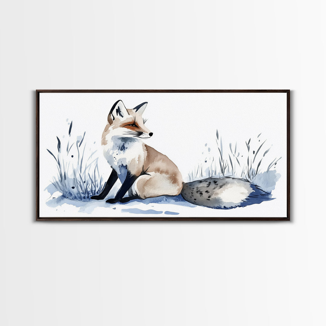 Sitting Fox In Frosted Grass Wall Art, Minimal Watercolor Wildlife Canvas Print, Neutral Nursery Decor, Animal Lover Gift