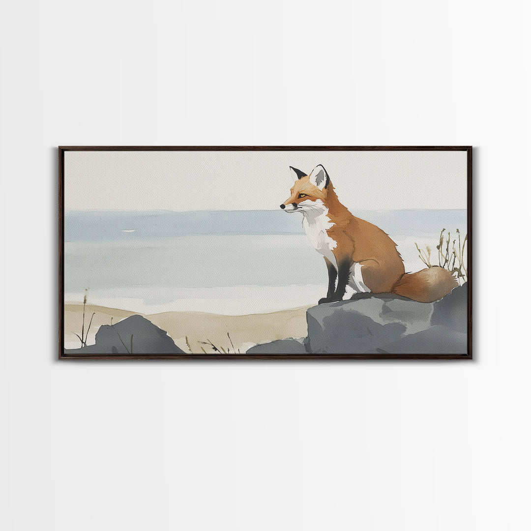 Coastal Fox On Ocean Rocks Wall Art, Minimal Watercolor Wildlife Canvas Print, Beach House Decor, Neutral Living Room Art