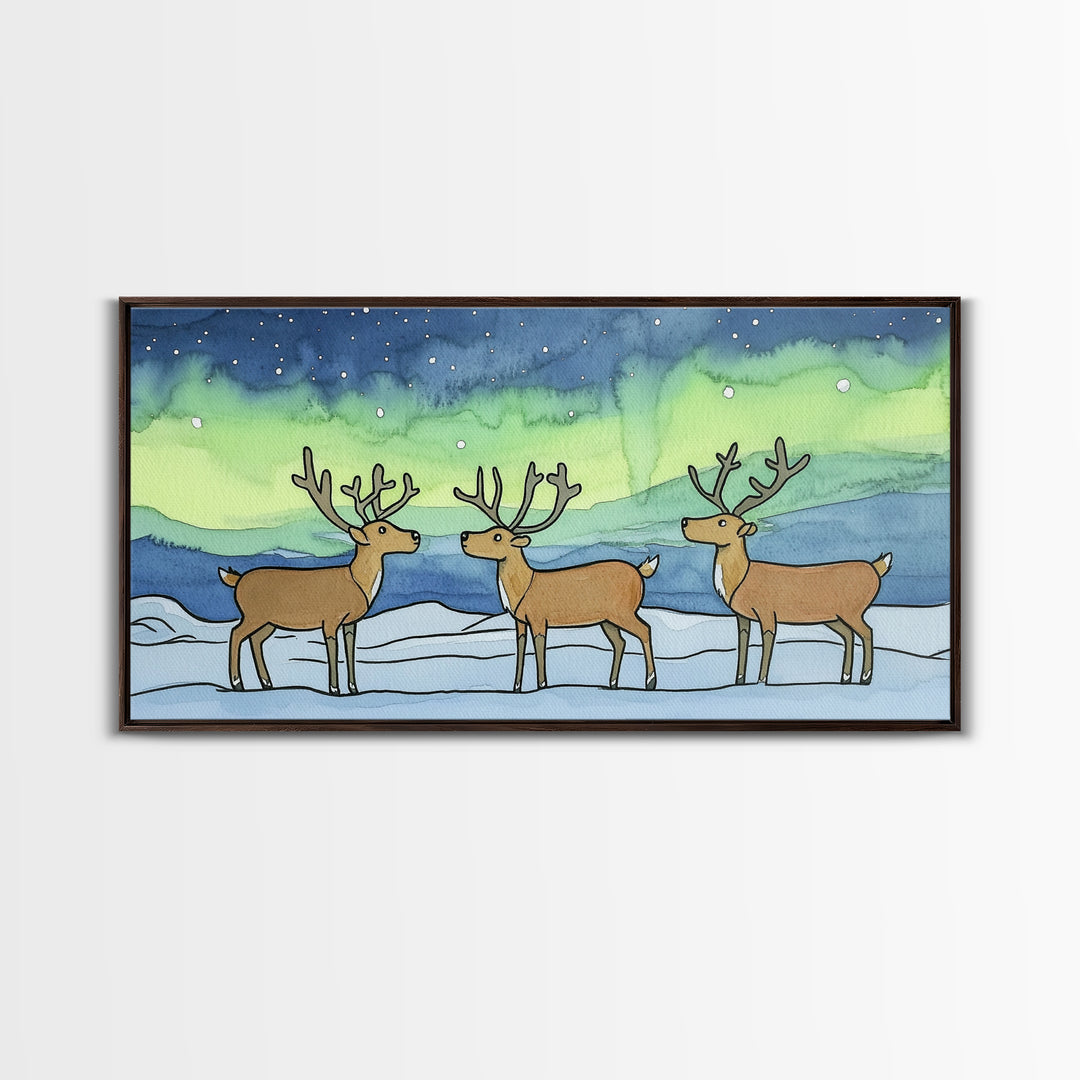 Three Reindeer Under Northern Lights Wall Art, Aurora Winter Landscape Print, Rustic Wildlife Decor, Cabin Christmas Gift
