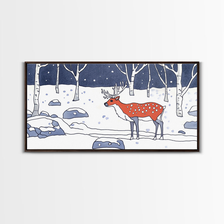 Red Deer In Snowy Birch Forest Canvas Print, Winter Wildlife Wall Art, Woodland Nursery Decor, Rustic Cabin Home Decor Gift