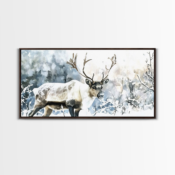 Majestic Caribou In Frosted Woods Framed Canvas Print, Winter Wildlife Wall Art, Rustic Cabin Decor, Nature Lover Art Gift