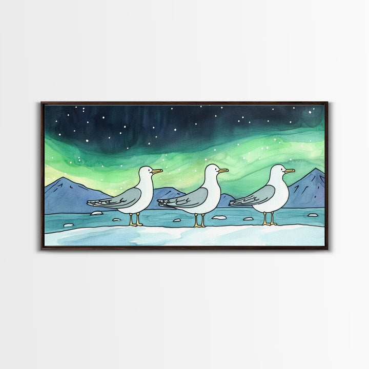 Three Seagulls Under Aurora Sky Wall Art, Winter Coastal Bird Canvas Print, Nautical Ocean Decor, Beach House Christmas Gift