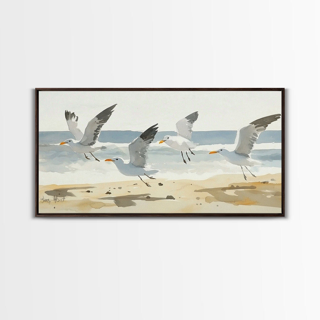 Flying Seagulls Over Sandy Watercolor Beach Wall Art, Coastal Ocean Canvas Print, Nautical Seascape Decor, Beach House Gift