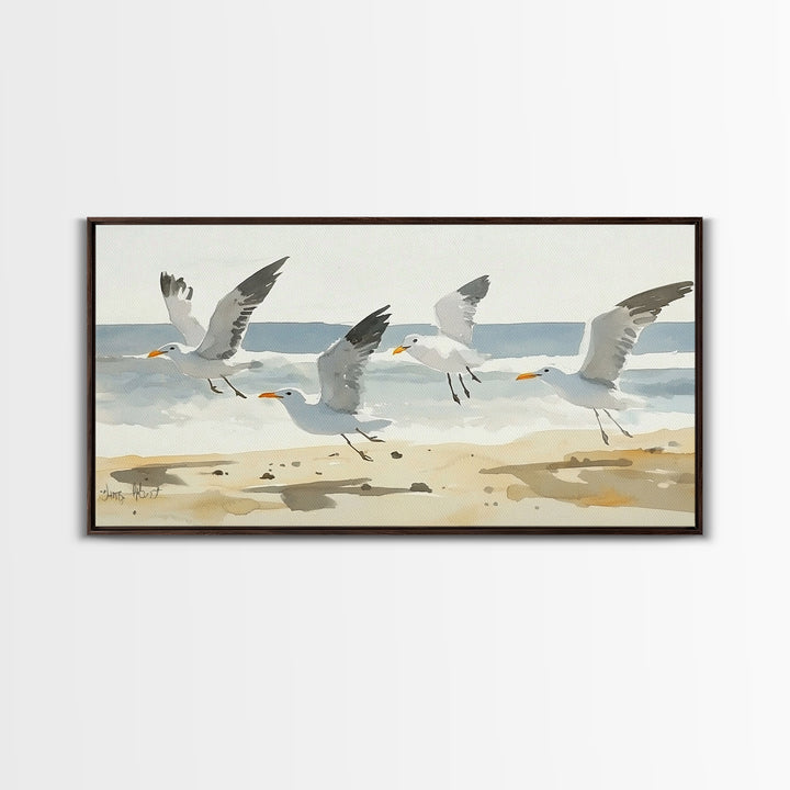 Flying Seagulls Over Sandy Watercolor Beach Wall Art, Coastal Ocean Canvas Print, Nautical Seascape Decor, Beach House Gift