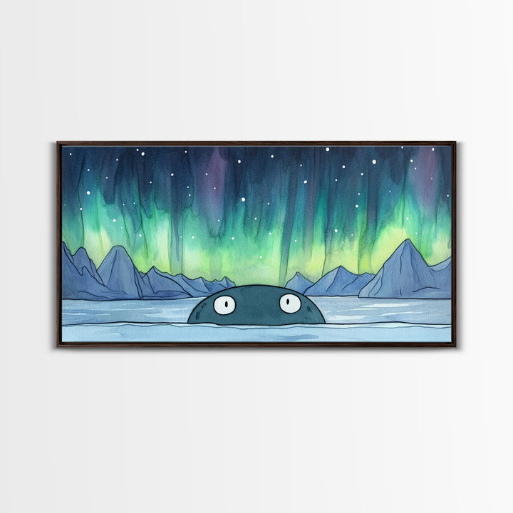 Whimsical Whale Peeking At Aurora Canvas Print, Northern Lights Wall Art, Arctic Ocean Decor, Kids Room Animal Gift For Nursery