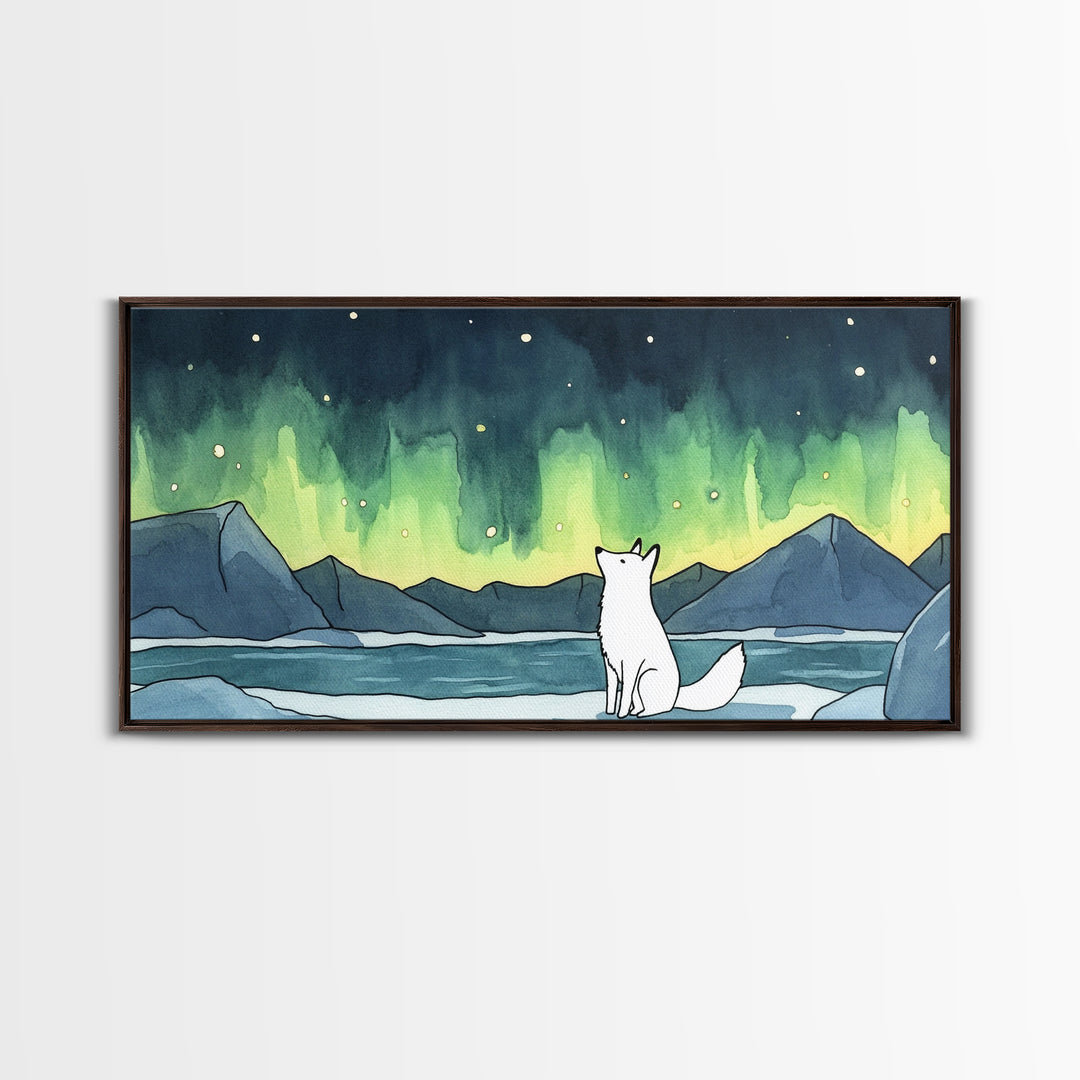 White Arctic Fox Watching Aurora Canvas Print, Northern Lights Wall Art, Winter Landscape Decor, Nature Lover Gift For Her