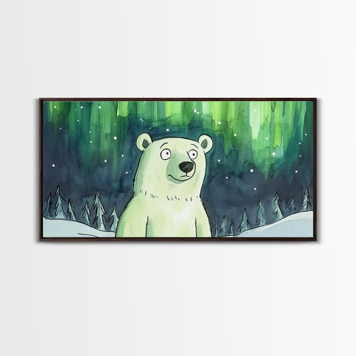 Polar Bear Under Northern Lights Canvas Print, Whimsical Winter Wall Art, Kids Room Decor, Nursery Animal Art Gift For Baby Bedroom