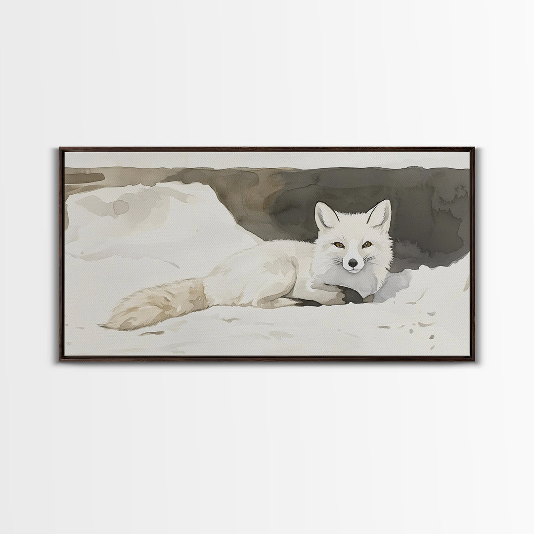 White Arctic Fox In Snow Canvas Print, Neutral Winter Wildlife Wall Art, Nursery Animal Art, Scandinavian Bedroom Decor Gift
