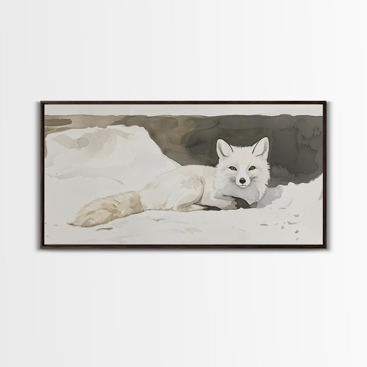 White Arctic Fox In Snow Canvas Print, Neutral Winter Wildlife Wall Art, Nursery Animal Art, Scandinavian Bedroom Decor Gift