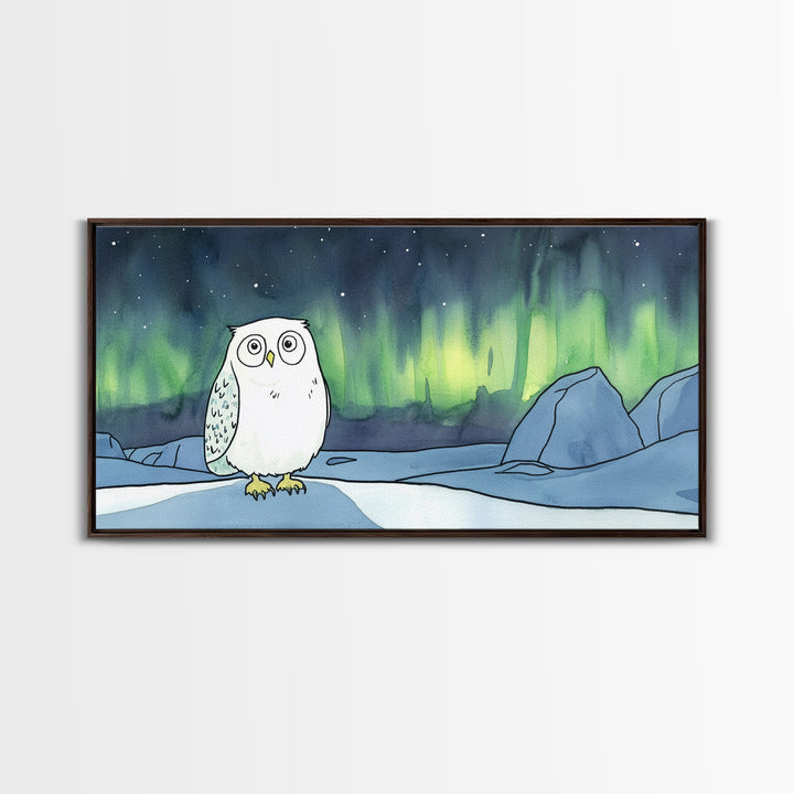 Wide Eyed Snowy Owl Aurora Canvas Print, Northern Lights Wall Art, Whimsical Animal Art, Kids Room Decor Gift For Baby Bedroom