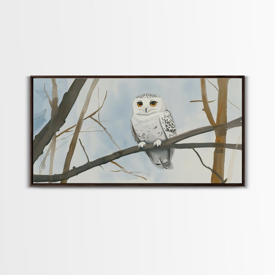 Snowy Owl On Winter Branch Canvas Print, Woodland Wildlife Wall Art, Neutral Nursery Animal Art, Scandinavian Office Decor